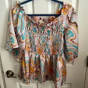 Chenault Smocked Swirl‎ Print Top Flutter Sleeve Blouse Bohemian Chic Size L